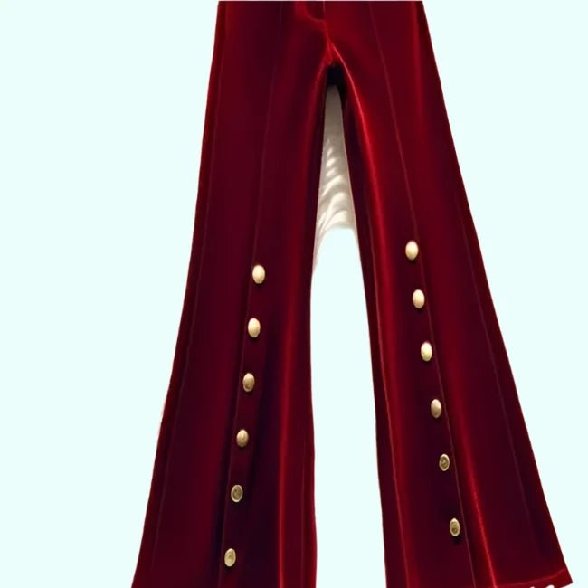 Womens Retro Red Velvet High - Waisted Flare Pants Paris - Runway - GirlnamedParis