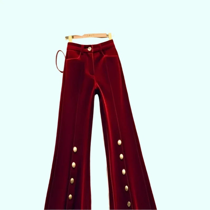 Womens Retro Red Velvet High - Waisted Flare Pants Paris - Runway - GirlnamedParis