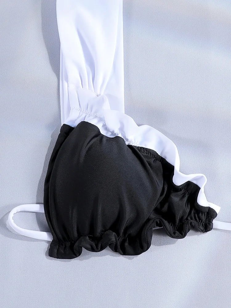 Womens Ruffled Black White Brazilian Thong Bikini Set - GirlnamedParis