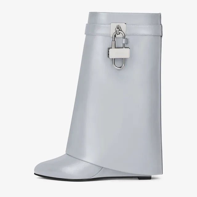 Womens Sheepskin Wedge Boots with Metal Padlock Decor - GirlnamedParis