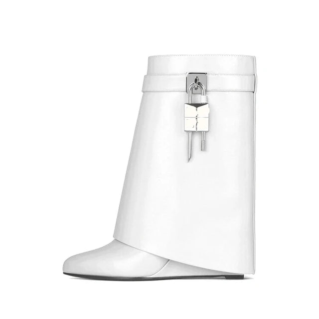 Womens Sheepskin Wedge Boots with Metal Padlock Decor - GirlnamedParis