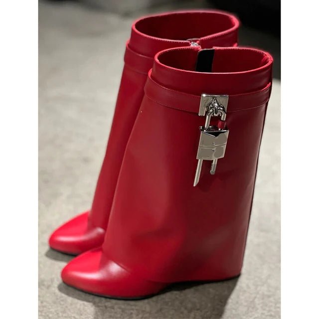 Womens Sheepskin Wedge Boots with Metal Padlock Decor - GirlnamedParis