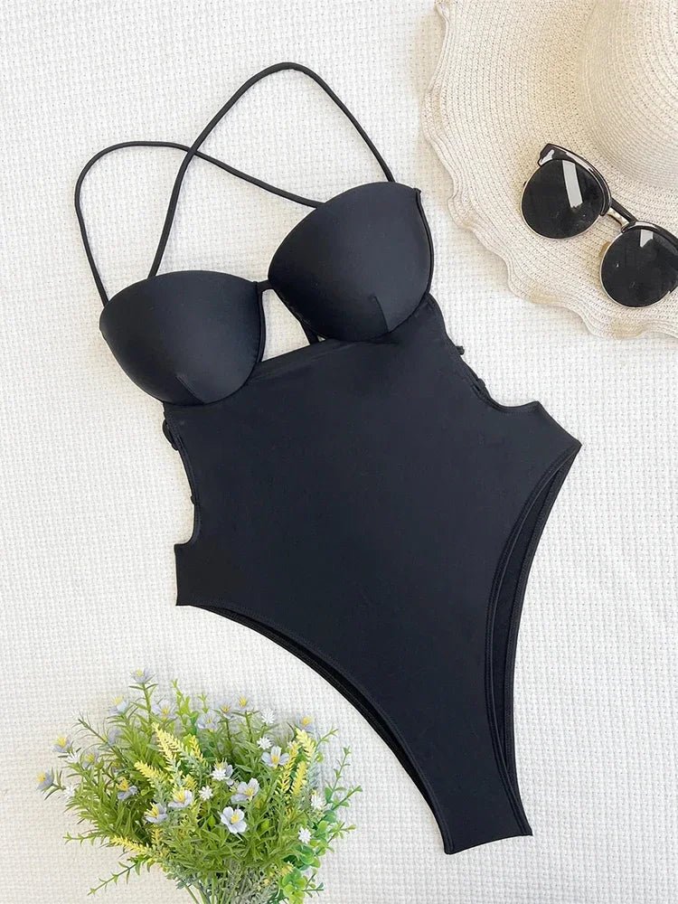 Womens Solid Black OnePiece Swimsuit with Laces - GirlnamedParis