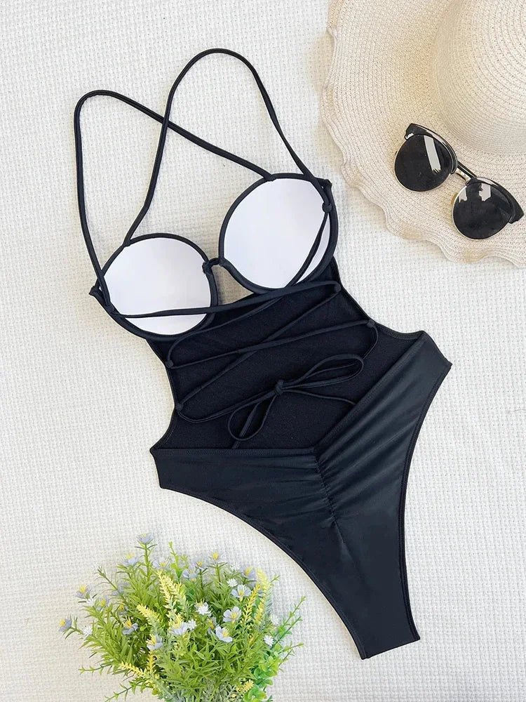 Womens Solid Black OnePiece Swimsuit with Laces - GirlnamedParis