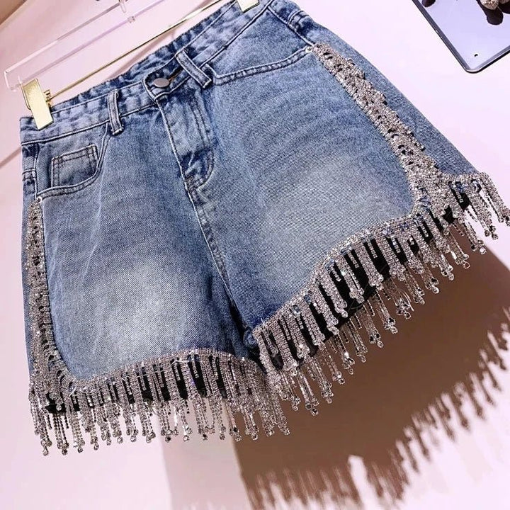 Womens Stylish Summer Denim Shorts with Diamond Fringe. - GirlnamedParis