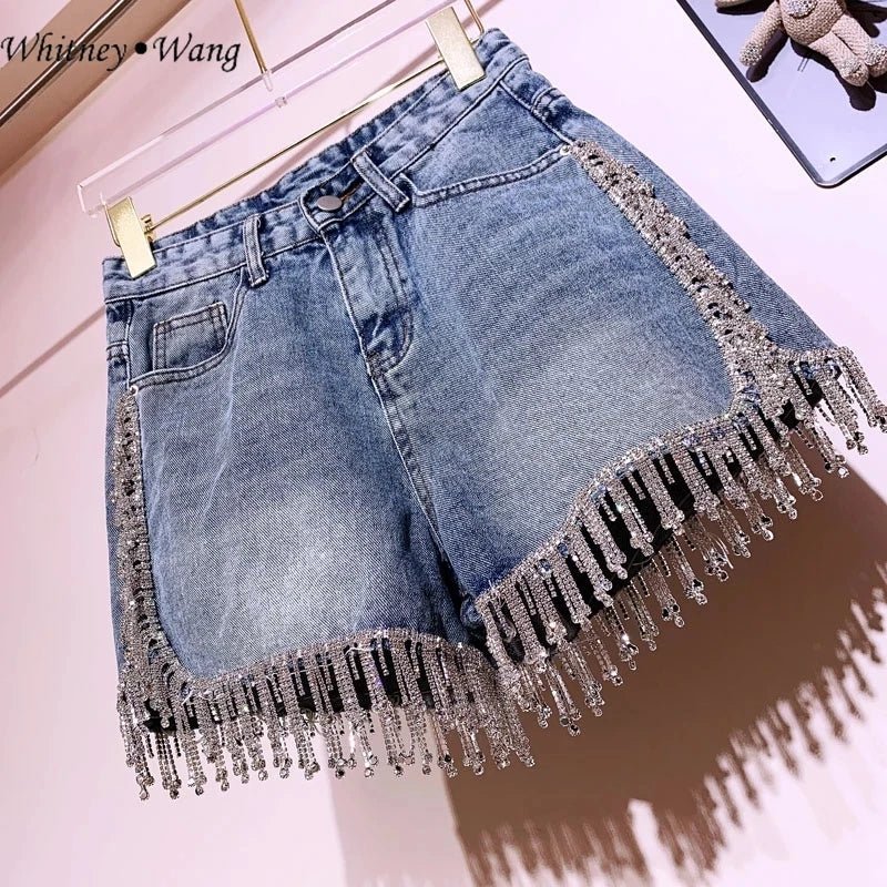 Womens Stylish Summer Denim Shorts with Diamond Fringe. - GirlnamedParis