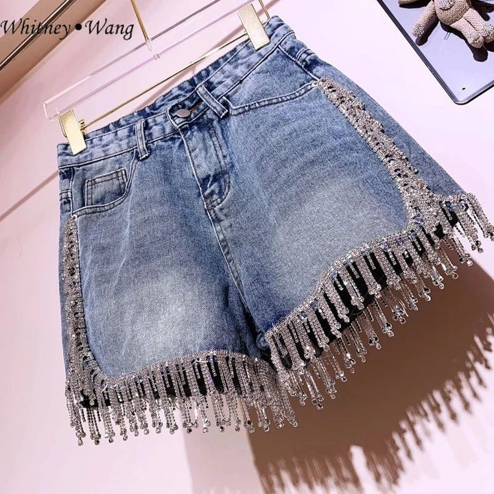 Womens Stylish Summer Denim Shorts with Diamond Fringe. - GirlnamedParis