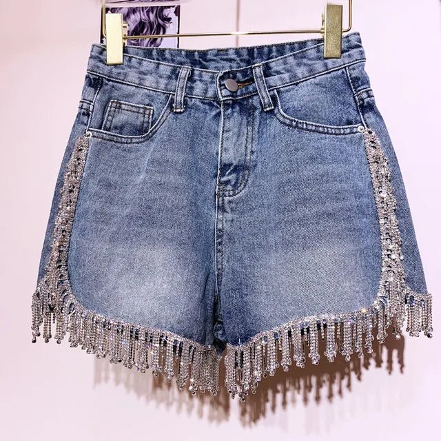 Womens Stylish Summer Denim Shorts with Diamond Fringe. - GirlnamedParis