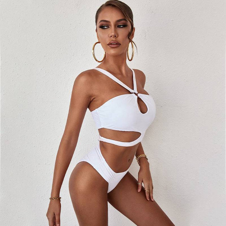 Women's summer new one piece swimsuit solid color hollow backless swim - GirlnamedParis