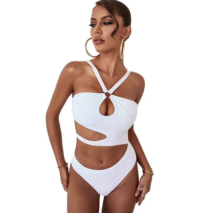 Women's summer new one piece swimsuit solid color hollow backless swim - GirlnamedParis