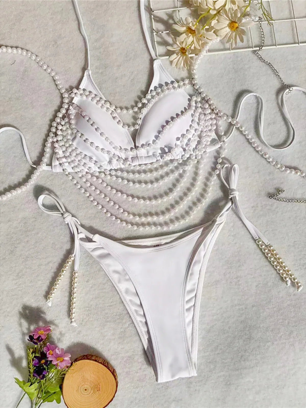 Womens ThreePiece HighCut Bikini with Pearl Chains - GirlnamedParis