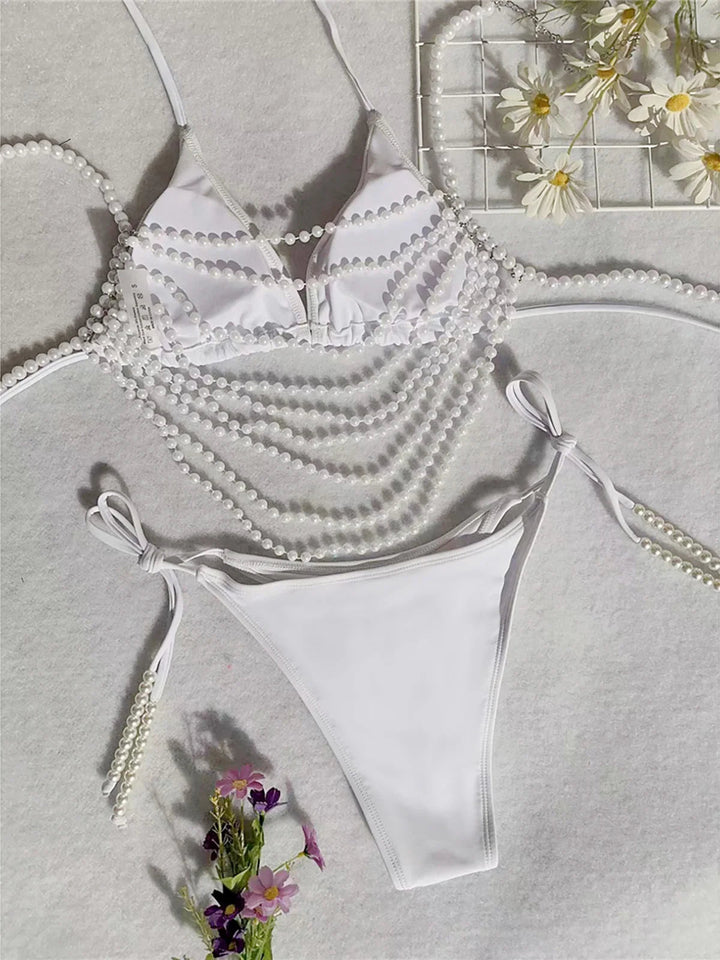 Womens ThreePiece HighCut Bikini with Pearl Chains - GirlnamedParis