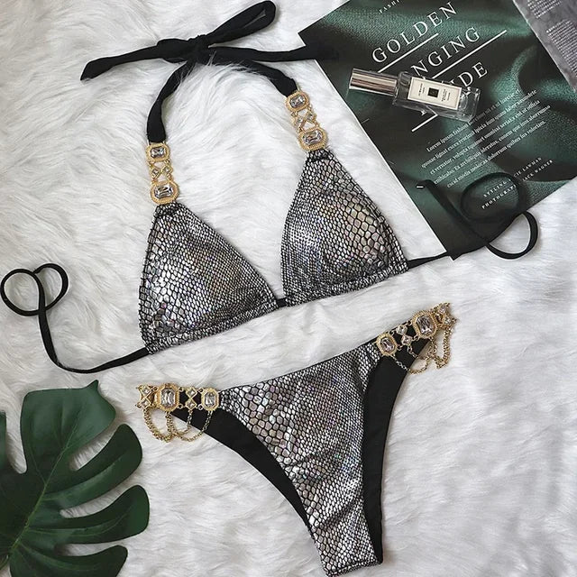 Womens TwoPiece Metal Chain Rhinestone Bikini Set - GirlnamedParis